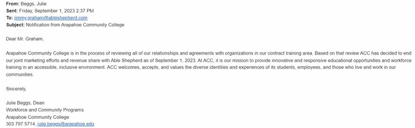 A screenshot of an email sent to Able Shepherd leader Jimmy Graham on Sept. 1, ending ACC’s partnership with the “tactical training” group.